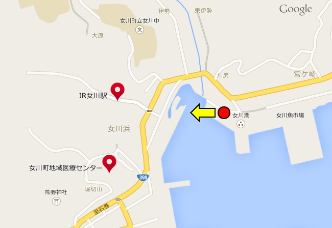 製氷工場と女川駅の位置図